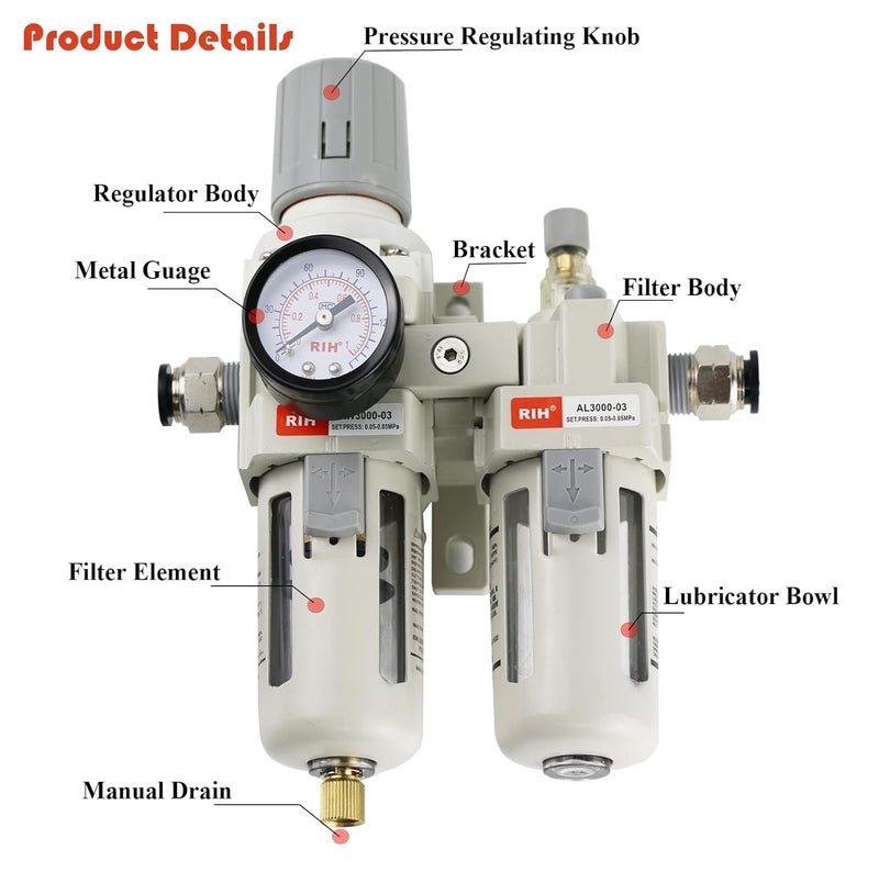 RIH Store Pneumatics 3/8" NPT Compressed Air Filter Regulator Lubricator Combo Water/Oil Trap Separator - Gauge(0-150 psi), Semi-Auto Drain, Poly Bowl,Bracket - 3 in 1 Two Unit (3/8" NPT) - Image 5